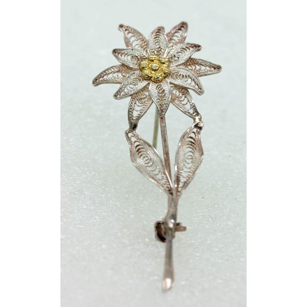 CB Campobasso ITALY 800 silver gold vermeil filligree flower brooch VINTAGE 2 "